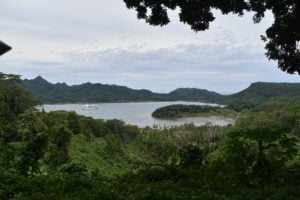 View of the Paul Gauguin from a hill look out in Huanhine