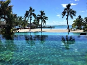 A view of both infinity pools at the Intercontinental Hotel Moorea
