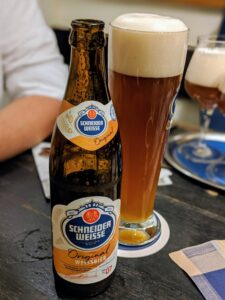 One of Munich's best beers Schneider Weisse.  Munich en route to Melodies of the Danube rivercruise with AmaWaterways